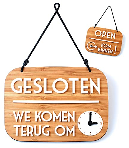 Cartello Open Gesloten Ik ben zo terug con Ventosa, vintage Retro - Orario negozio modificabile con Quadrante Lancette (Legno Bambù, Olandese)