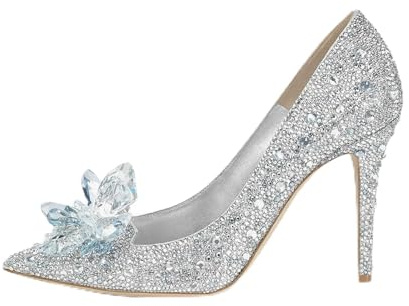 sexytag Women's Crystal Rhinestone Poined Toe Pumps Cinderella Clear Stiletto High Heels Slip On Wedding Shoes Silver Size 6.5