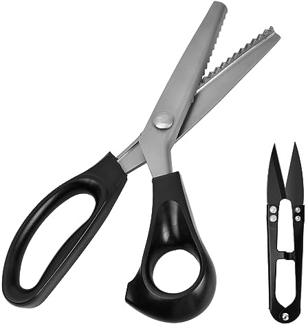 Wisebom Tandad sax med trådsax, professionell sicksack sågade sysaxar i rostfritt stål med bekvämt handtag svart 23,5 cm tandad sax för skärning av skräddarsy tyger