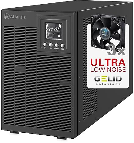 Atlantis A03-OP3002XLN UPS Sistema de alimentación ininterrumpida Online Doble conversión Onda sinusoidal Pura 75% más silencioso 3000VA 2100W, 31,3 dbA, USB, RS-232, 4 IEC, Ranura SNMP, 6x12V 9Ah