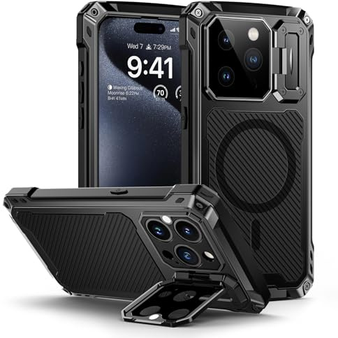 Lanhiem for iPhone 15 Pro Metal Case with Kickstand, Compatible with MagSafe, Built in Tempered Glass Screen Protector, Heavy Duty Shockproof Rugged Phone Cases, Full Body Tough Cover (Black)