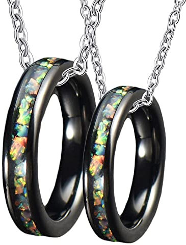 Gualiy Verlobung Halskette Paar, Wolfram Halskette Männer Gravur 4mm Schwarz Ring Einlegen Bunte Schale Anhänger Damen 54 + Herren 54