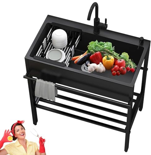 Freistehende Edelstahl Outdoor Spüle, Schwarz Küche Waschbecken Mit Wasserhahn, Mobiles 1 Becken Waschtisch Mit Ablassvorrichtung, Großes Fassungsvermögen Ausgussbecken, Für Keller Camping (Size : 68