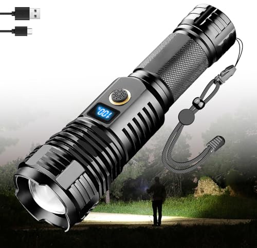 LeKaufen Lampe de poche LED rechargeable 12 000 lumens - Lampe de poche LED extrêmement lumineuse - 5 modes de mise au point réglable - Écran LCD - Étanche - USB C - Pour le camping, la randonnée, les