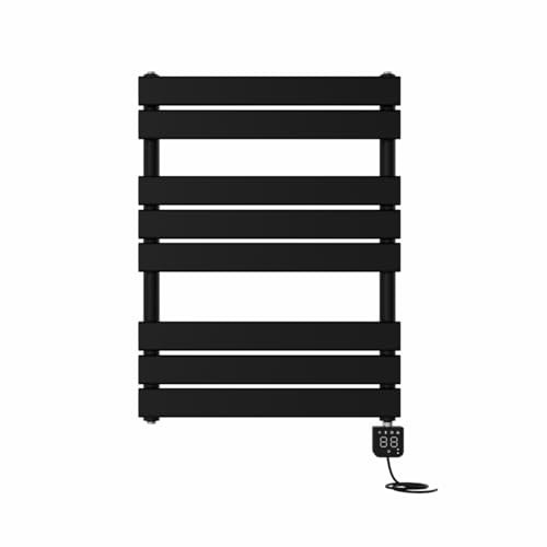 NRG 400W Prefilled Electric Heated Towel Rail Radiator Flat Panel Black Thermostatic Bathroom Warmer Square Touch Screen Display 800x600mm