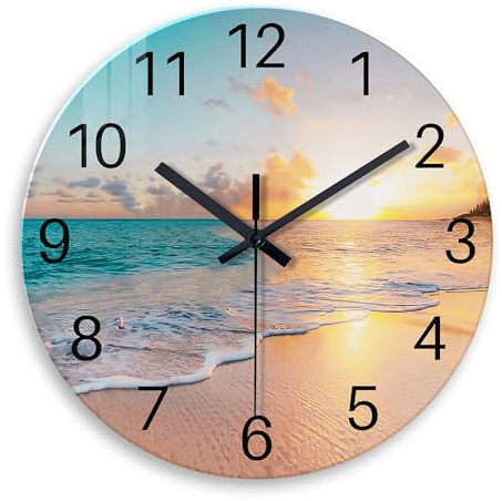 Constantplanet Beach Wall Clock Battery Operated 12 Inch Glass Wall Clock Non Ticking Analog Blue Wall Clocks for Bedroom Living Room Office Decor