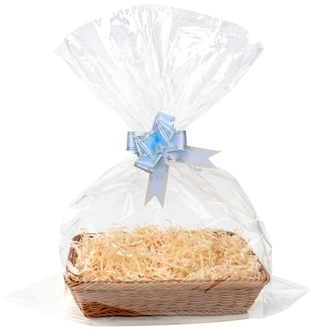 NIXRET 30x20 cm Hamper Basket Gift Set Empty, Small Brown Wicker Tray with Cellophane Wood Wool & Bow, Complete DIY Kit for Birthdays Presents & Gift Wrapping (Small 30x20cm)