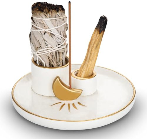 Porta Incenso 4 in 1 Luna, Porta Incenso in Ceramica, Porta Palo Santo, Vassoio Raccogli Cenere in Ceramica, Supporto per Salvia, Portancamera Di Incenso, Ciotola Di Incenso per Meditazione E Yoga