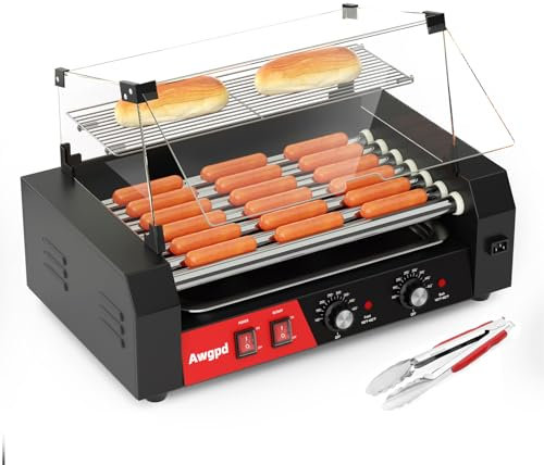 Hot Dog Roller, 18 Hot Dog 7 Rollers, Stainless Steel Hot Dog Cooker, 1050W Commercial Hot Dog Machine with Dual Temp Control, Cover, Removable Shelf & Oil Drip Tray(7 Rollers+Cover)