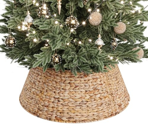 ELYKEN 28-Inch Woven Rattan Christmas Tree Collar, Stylish Hyacinth 5-Piece Tree Skirt for Artificial Trees, Wicker Tree Base Cover with Cord Cut-Out for Home Decor, Living Room Display, Natural