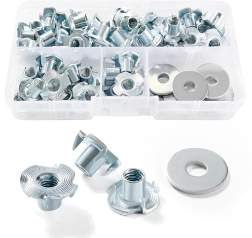 Lyeteung 45 Stücke M6 × 10mm Einschlagmuttern, Vier-Prong Nüsse, 4-Zinken-T-Nut-Muttern, mit 10 Stücke Unterlegscheiben, für Holz, Schränke, Möbel