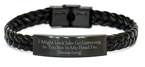 Funny Geocaching Enthusiast Interlaced Leather Geocaching Accessory Gifts for Birthday with Inspirational Quote and Durable Stainless Steel Engraving