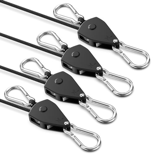 VIPARSPECTRA Retractable Ratchet Straps Heavy Duty, Adjustable Tie Down Strap 2.5m, 4 Pack 1/8 Rope Ratchet with Metal Gears and Carabiner Hooks for Hanging Plants Grow Light and Multiple Outdoor Use