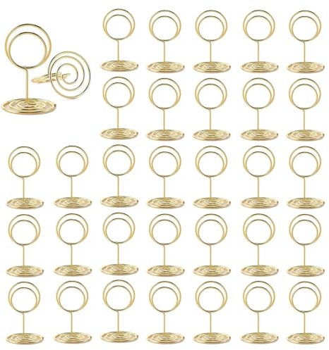 ZYEKIU 30 Piezas Oro Soportes para Números de Mesa, Soporte Fotos de Metal, Soportes para Tarjetas, Soporte para Mensajes, para Restaurantes Bodas Banquetes Fiestas Celebraciones (Redondo)