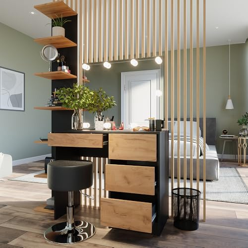 Vicco Schminktisch Sherry, Anthrazit/Goldkraft Eiche, 90 x 75 cm | mit Spiegel, LED-Beleuchtung & Hocker, mit LED-Beleuchtung und gepolsterter Sitzbank