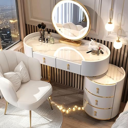 Dressing Table with Mirror and Stool, Touch Screen Makeup Mirror with 3-Color Dimmable, Makeup Vanity Set with 5 Drawers Modern Bedroom Dresser For for Women Girls Gift (White, 80cm)