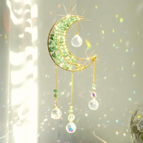 Attrape-Soleil en Cristal, Attrape-Lune doré avec Pendentif en chaîne, Ornement décoratif Arc-en-Ciel pour la lumière du Soleil carillons à Vent pour fenêtre Chambre Voiture Maison (Fluorite Verte)