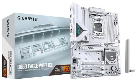 GIGABYTE B850 Eagle WIFI7 Ice Mainboard – AMD Ryzen 9000 Serie Prozessoren, digitales 8+2+2 Phasen VRM, bis zu 8200 MHz DDR5 (O.C.), 1x PCIe 5.0 + 2X PCIe 4.0 M.2, Wi-Fi 7, 2.5 GbE LAN, USB 3.2 Gen 2