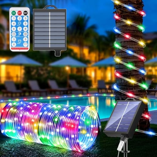 Kousee Outdoor Solar LED Rope Lights, IP65 Waterproof Rope Light 72.2ft 200LEDs Solar Decoration Lights with 8 Lighting Modes, Rope Fairy Light for Garden Tree Party Christmas Decoration-Multicolor
