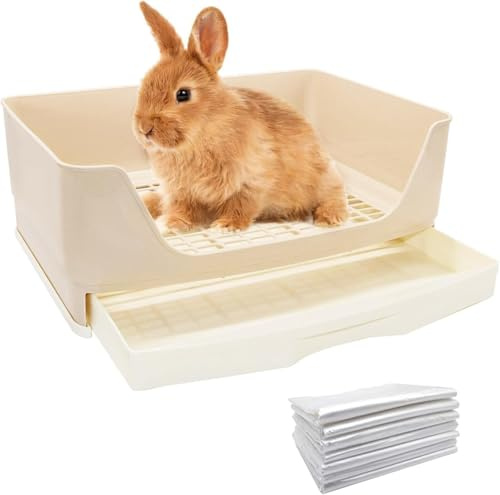 SWHCM Große Kaninchen Toilette, Töpfchentrainer mit Schublade und 100 Einweg-Haustiertoilettenfolien, Haustierpfanne für Meerschweinchen, Kaninchen, Hamster und Kleintiere