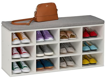 Relaxdays Panca Porta Scarpe da Ingresso, 12 Scomparti Portascarpe, Cuscino Imbottito, HLP 49,5x104x31 cm, Bianco Grigio