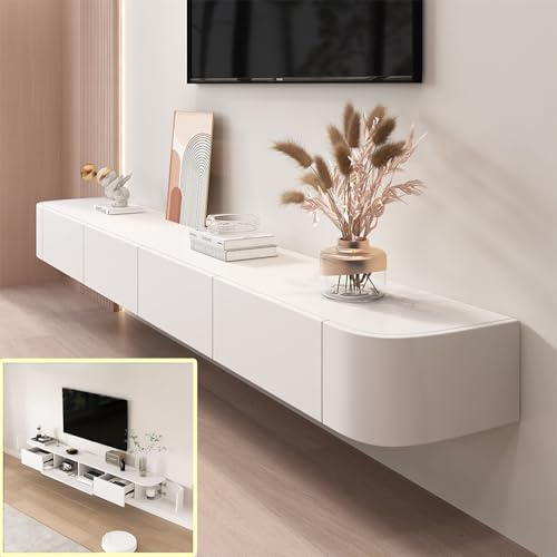 XDXINY Schwebender TV-Ständer, Massivholz Wand-TV-Regal mit Tür, TV-Medienkonsole, Wandmontierter TV-Schrank mit großem Stauraum, TV-Bank für unter den Fernseher (Weiß, 240 * 30 * 20CM)