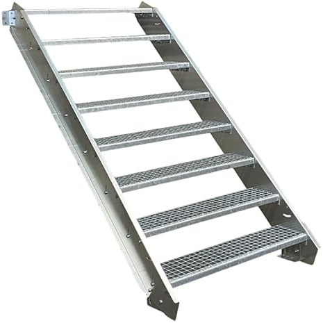 SRM Design 8 Stufen Stahltreppe Stufenbreite 80cm verzinkt | Geschosshöhe 120-160cm ohne Geländer Robuste Außentreppe Wangentreppe Stabile Industrietreppe Außentreppe
