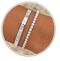 Diamday Gold Bracelet for Women Silver Stacking Bangle Tennis Bracelet Set Stainless Steel Adjustable Cubic Zirconia Tennis Bracelets Dainty Bangle Waterproof Jewellery Gifts for Women B
