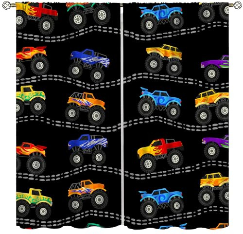 wlsgdsg Cartoon Car Curtains for Kids Cartoon Simple Mountain Racing Color Flame Monster Truck Mud Off-Road Vehicle Print for Boys Nursery Youth Bedroom Living Room 42x44.5Inch(No Blackout)