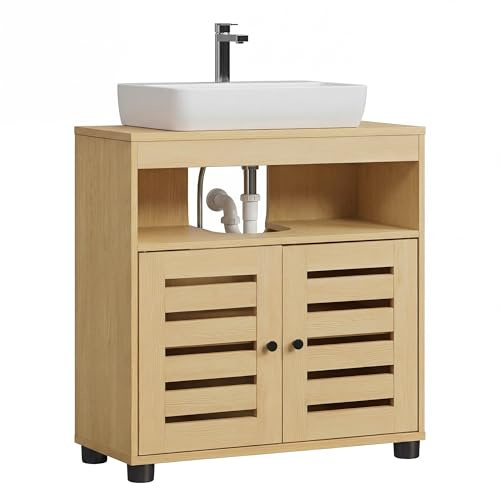 VASAGLE Waschbeckenunterschrank, 2 Lamellentüren, 30 x 60 x 63 cm | Badschrank, Badezimmerschrank, für Waschbecken ohne Säule, verstellbare Regalebene, mandelgelb BBK004YJ01