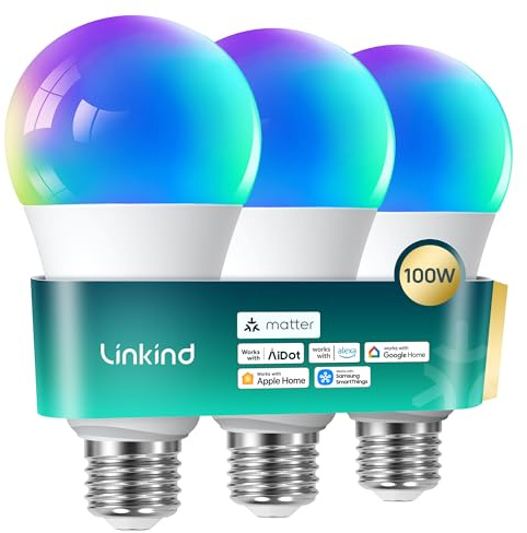 Linkind Ampoule Connectée Wi-Fi LED E27 Matter, 1600LM, 14W=100W, RGBTW avec 104 Scènes, 2,4 GHz, Apple HomeKit/Alexa/Siri/Google/SmartThings, A67, Lot de 3