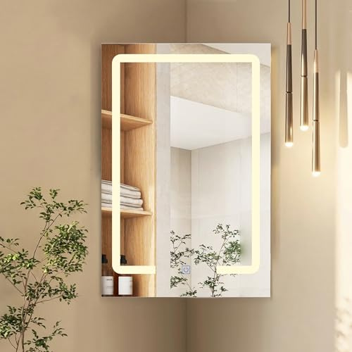 Wall Mounted LED Corner Bathroom Cabinet with Mirror &2 Storage Shelves