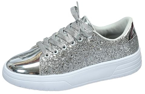 Paljettsneakers dam 39 röda, festliga vandringsskor glitter damskor glänsande platta skor luftkuddar sneakers fest utomhusskor stor storlek segelduk skor sport hall glitterskor, silver, 43 EU