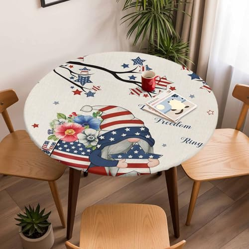 Round Fitted Tablecloth, Independence Day Dwarfs Circle Table Cover Waterproof Table Cloth with Elastic Edge, Opium Poppy on Retro Linen Outdoor Tablecloths for Kitchen Picnic Patio Indoor
