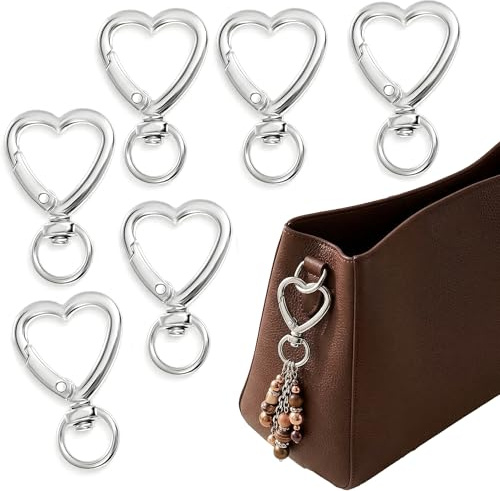 LEOUEANR Paquete de 6 llaveros de mosquetón plateados en forma de corazón, clips giratorios con resorte, elegantes accesorios para bolso y bolsa, bonitos llaveros para mujeres y niñas