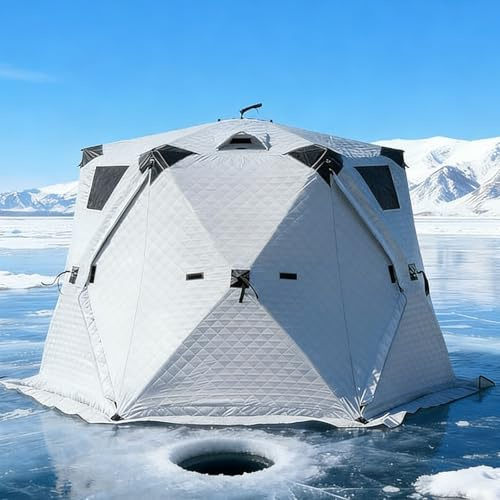 Isfisketält – isolerat popup-skydd med spisuttag och 360° fönster för vintercamping och fiske