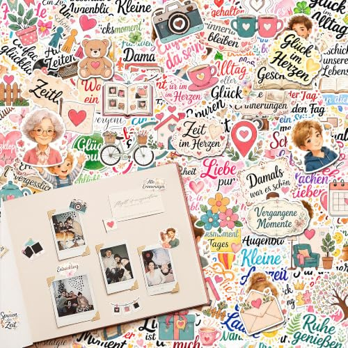 Nearockle 158 Motive Sticker für Familienalbum，Deutsche Sprüche Aufkleber | Original Sticker für Fotoalbum Scrapbook Journal DIY Decoration