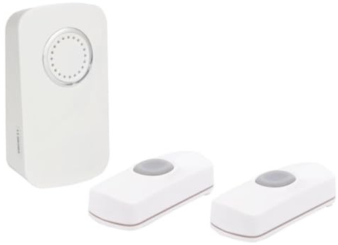 Perel Conjunto de timbre inalámbrico, con 1 x receptor / 2 x botones de presión con batería, impermeable IP44, 32 melodías, rango de 150 m, blanco