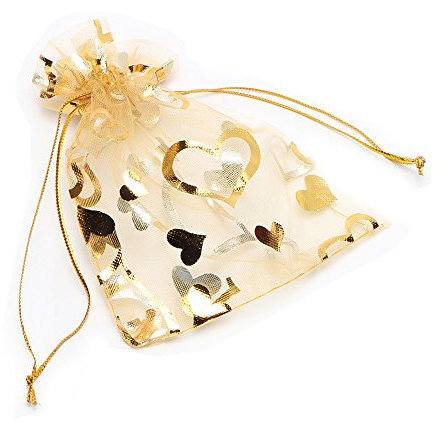 PLECUPE 100 Stück Organzasäckchen Organza Beutel Tunnelzug Hochzeit Säckchen, 17x23cm Mehrfarbig Schmuckbeutel für Geschenke Schmuckaufbewahrung oder zum Verpacken - Gold#2