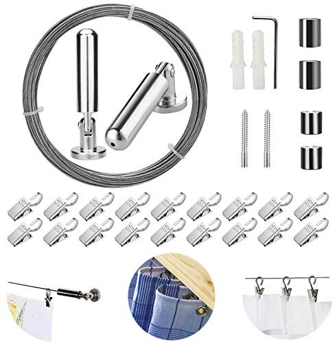 Pinowu - Cavo metallico per tende da 5 metri, con 20 clip, capacità di carico 30 kg, in acciaio inox, per appendere quadri, bucato, o altre funzioni