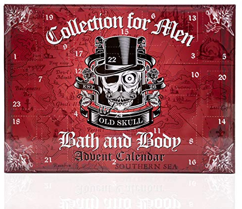 Accentra - Pflege Adventskalender 2025 für Männer mit 24 Pflegeprodukten im Totenkopf Design, Herren Weihnachtskalender zur Körperpflege mit Duschgel Bartwachs, Seife, Multi-Tool, Badebombe, Kamm uvm.