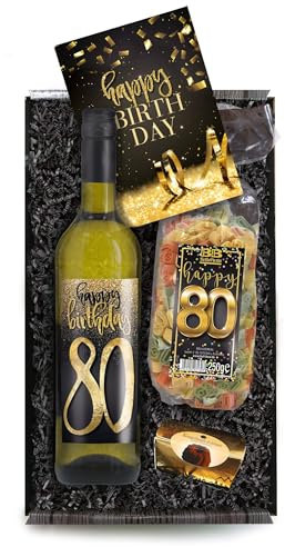 Bull & Bear Geschenkbox Happy Birthday 80, Set mit Weisswein, Nudeln und Geburtstagskarte, Geschenk zum 80. Geburtstag