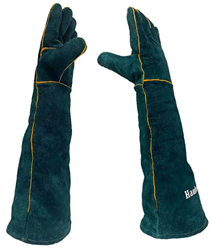 Tierhandhaber-Handschuhe, 58 cm, Rindsleder, Anti-Biss-/Kratzschutz, lange Schutzhandschuhe für Hunde/Katzen, zum Greifen von Vögeln, Reptilien, Eichhörnchen, Schlangenbiss (schwarz + grün)