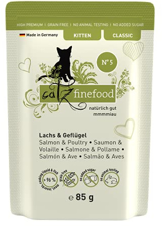 catz finefood Kitten No. 5 Lachs und Geflügel Katzenfutter nass - Feinkost Kitten Nassfutter für junge Katzen ohne Getreide und Zucker mit hohem Fleischanteil (16 x 85g Beutel)