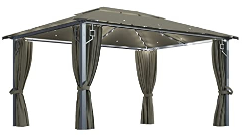 vidaXL Cenador con Cortina y Tira de luz LED Aluminio taupé 400x300cm