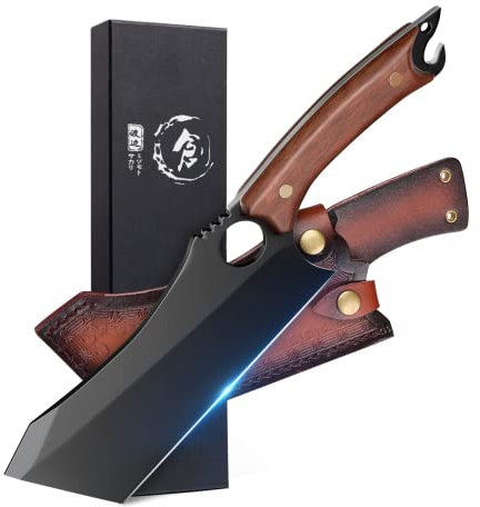 Dream Reach Fleischerbeil 10 Zoll Schwarzes Ausbeinmesser Kochmesser Hackmesser Metzgermesser scharfes Küchenmesser aus Kohlenstoffstahl mit Lederscheide Geschenkbox Flaschenöffner für Grill Camping