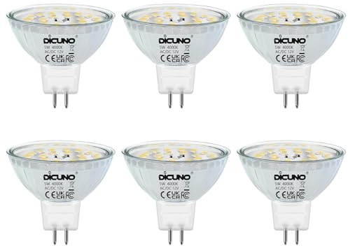 DiCUNO MR16 LED Light Bulbs, GU5.3 Spotlight Bulb Dimmable, 12V DC 5W Equivalent to 50W Halogen, Natural White 4000K, 500LM, 120° Beam Angle Bi-Pin Base Track Light, 6 Packs