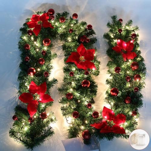 LieIe Ghirlanda Natalizia 270cm, Ghirlanda Natalizia con Luci Natale Decorazioni Casa Decorazione Natalizia con Fiori Bellissime Lampade Decorazione Natalizia per Scale, pareti, Porte