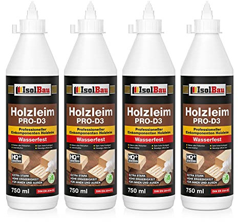 Isolbau Holzleim PRO-D3-4 x 750 ml (860 g) Extra starker Holzkleber für alle Holzarten, für Innen & Außen, Wasserfest, Lösemittelfrei