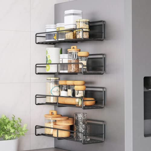 COVAODQ 4 Pack Magnetic Spice Rack Organizer, Magnet Shelf Spice Racks, With 10 Hooks for Cabinet Refrigerator Space Saving Kitchen Organization for Spice Jars and Seasoning Bottles(Black)